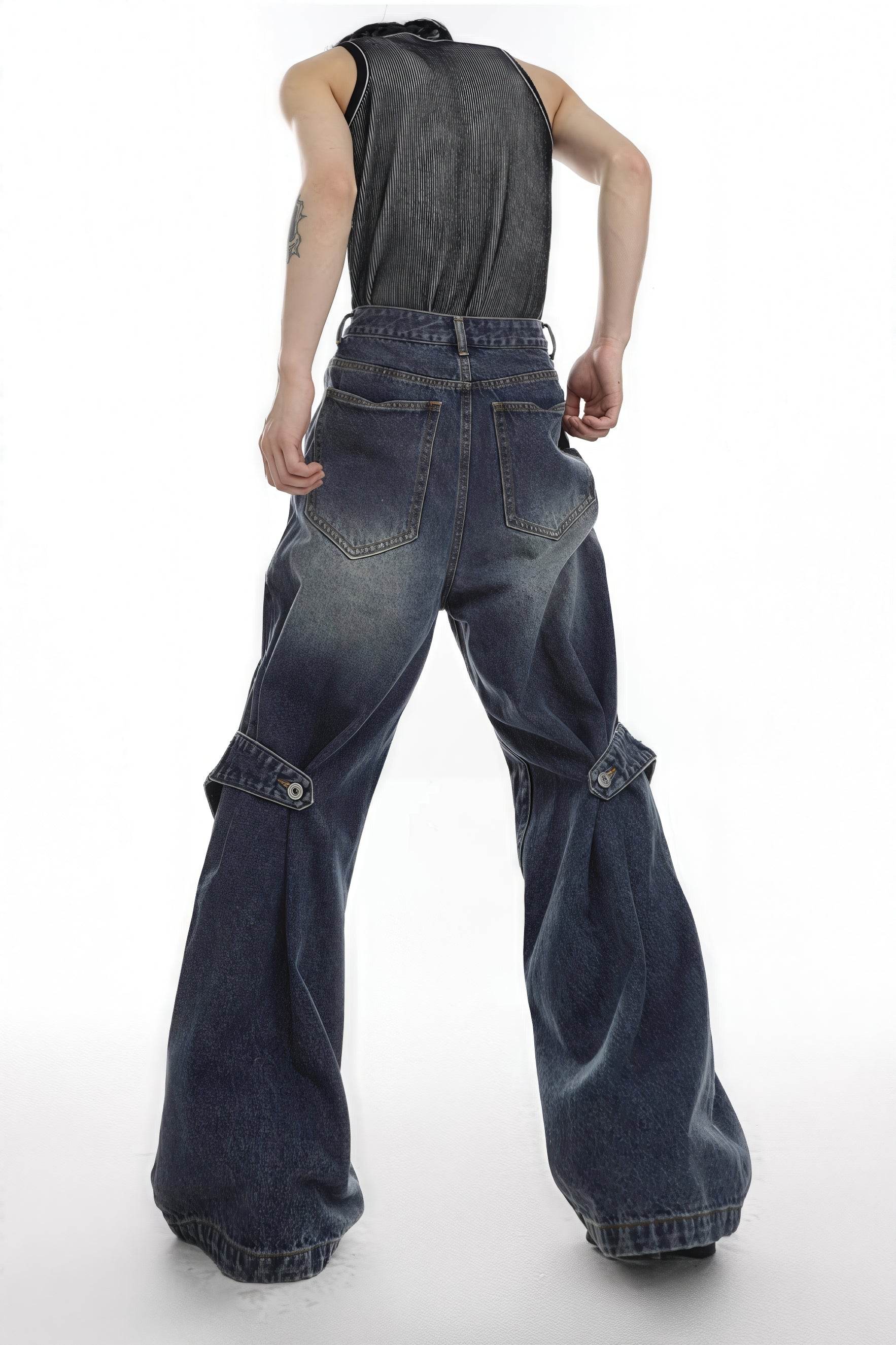 Distressed Denim Patchwork Jeans - Convertible Flare Design
