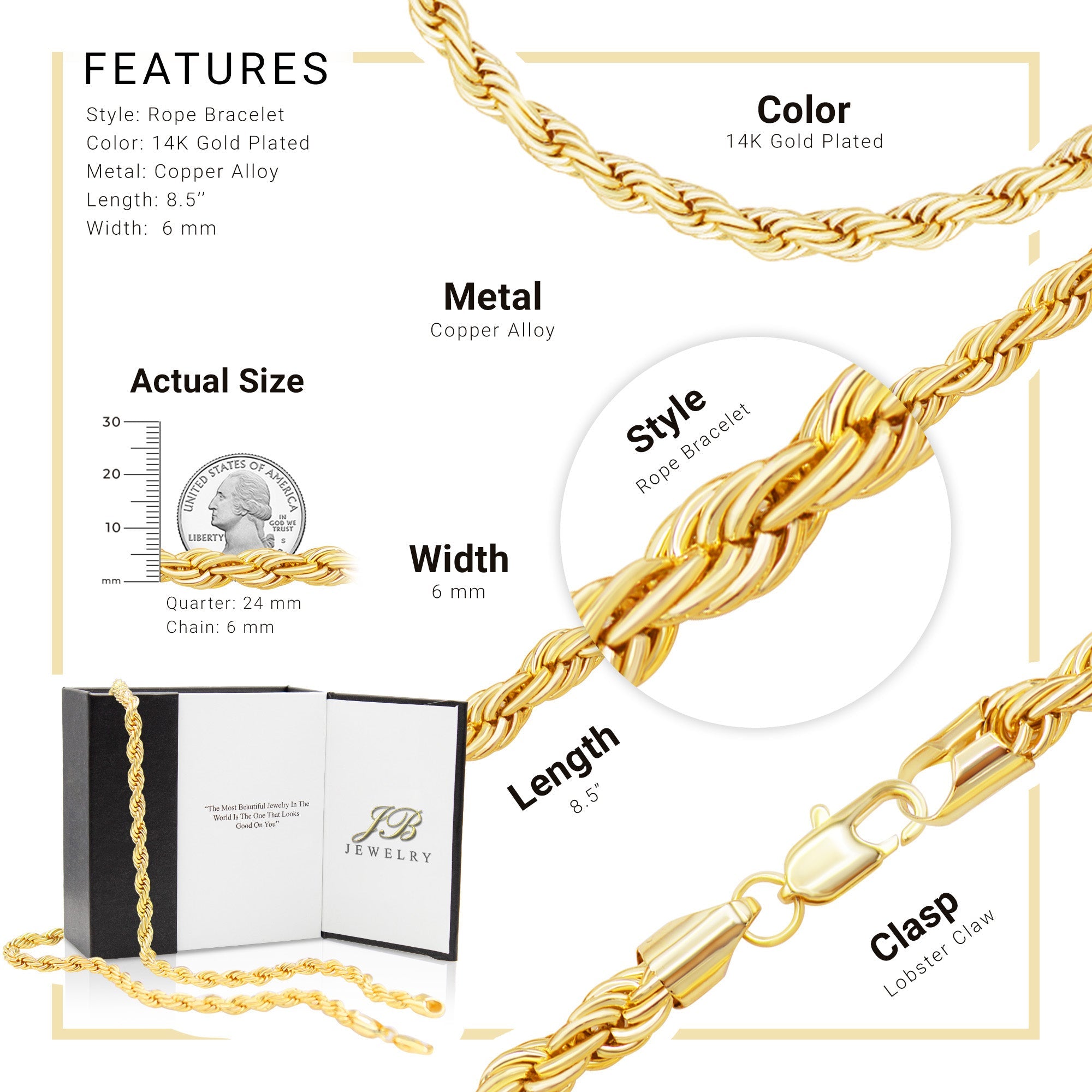 Rope Chain 14K Gold Filled Bracelet 8.5" Set Lobster Claw Clasp Men Jewelry 5 mm 6 mm